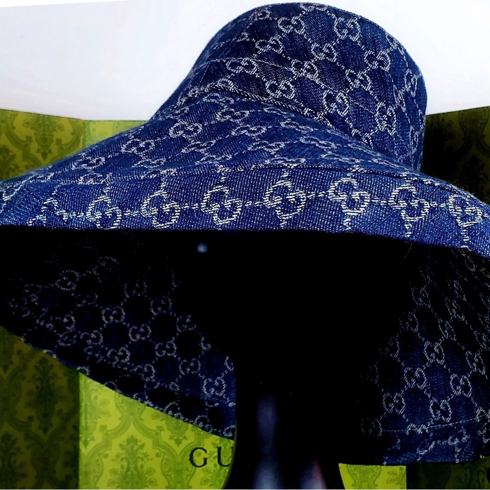 Navy Blue Jacquard Denim Monogram Wide Large Brim Bucket Hat Beach New Sun Cover - Picture 10 of 15